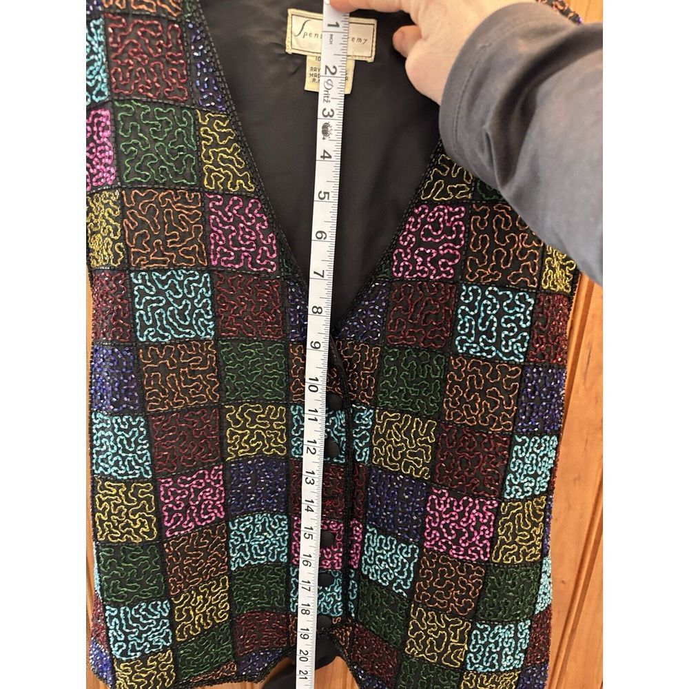 Spenser Jeremy Vintage Multicolor & Blk Beaded Sequin Embellished 100% Silk Vest - Picture 11 of 15